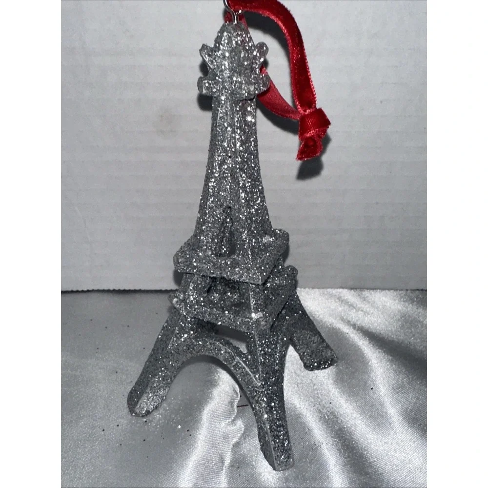Silver Glitter Eiffel Tower Christmas Ornament Paris France Red Velvet Ribbon
